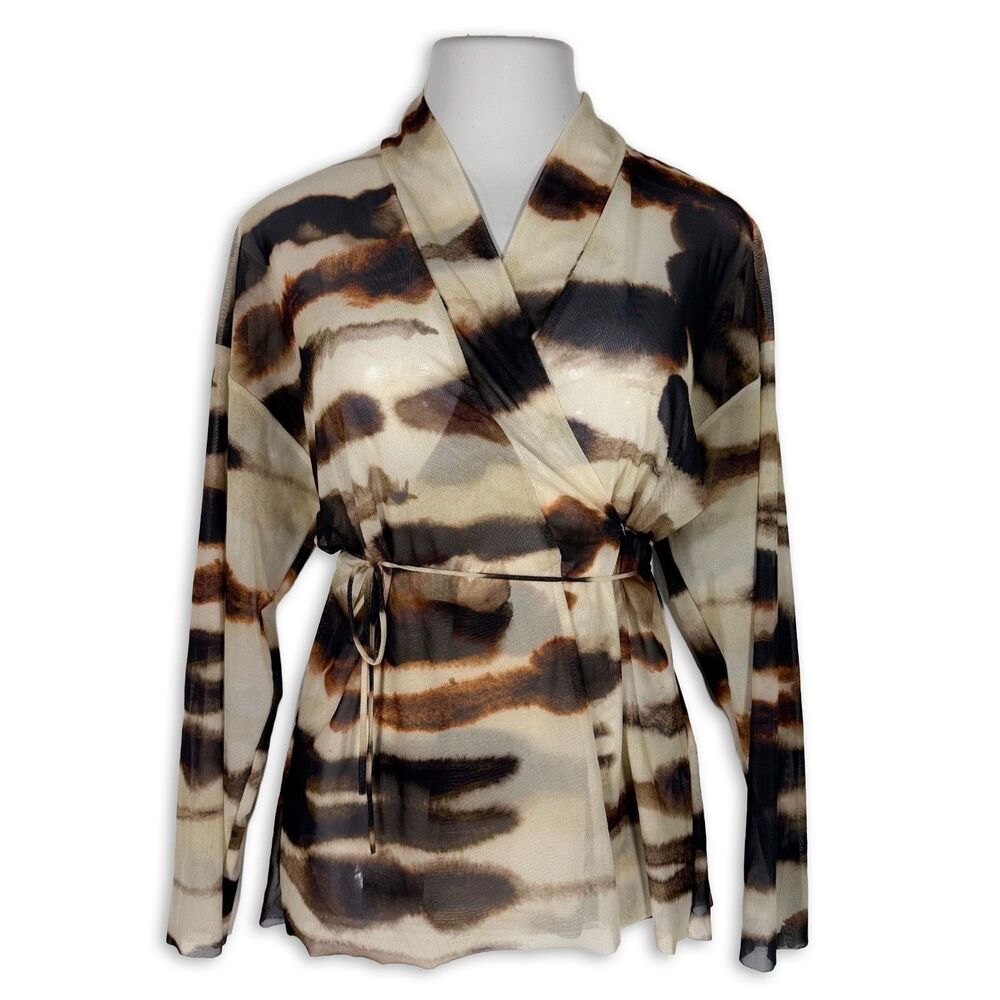 Zara Sheer Wrap Top Brown Cream Long Sleeve Abstract Animal Print Small Chic